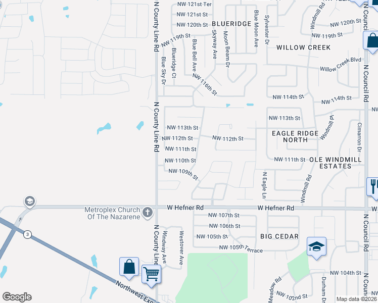 map of restaurants, bars, coffee shops, grocery stores, and more near 8805 Northwest 111th Street in Oklahoma City