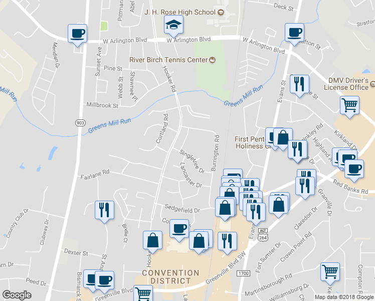 map of restaurants, bars, coffee shops, grocery stores, and more near 203 Singletree Drive in Greenville