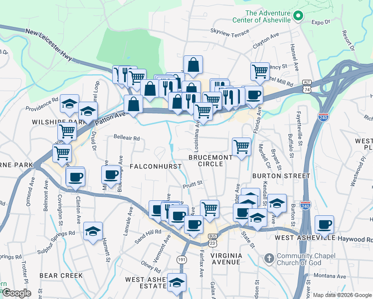 map of restaurants, bars, coffee shops, grocery stores, and more near Mauricet Lane in Asheville