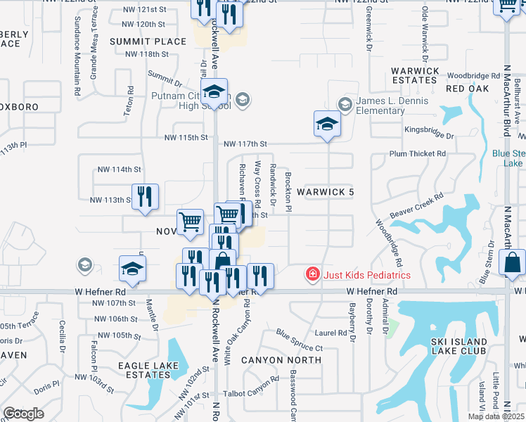 map of restaurants, bars, coffee shops, grocery stores, and more near 11309 Randwick Drive in Oklahoma City