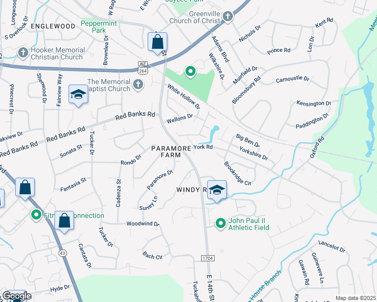 map of restaurants, bars, coffee shops, grocery stores, and more near 2400 King Richard Court in Greenville