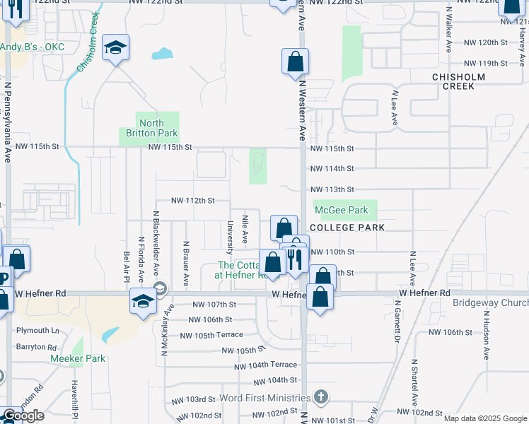 map of restaurants, bars, coffee shops, grocery stores, and more near 11234 Queen Anne Avenue in Oklahoma City