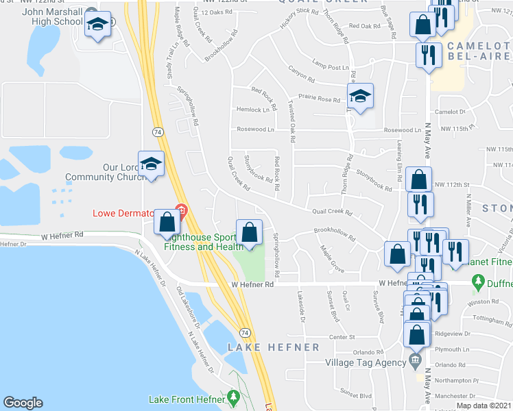 map of restaurants, bars, coffee shops, grocery stores, and more near 11149 Springhollow Road in Oklahoma City