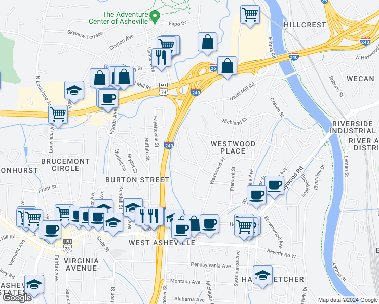 map of restaurants, bars, coffee shops, grocery stores, and more near 68 Vandalia Avenue in Asheville