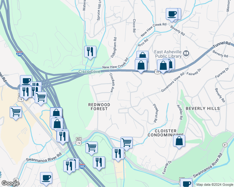 map of restaurants, bars, coffee shops, grocery stores, and more near 48 Dogwood Court in Asheville