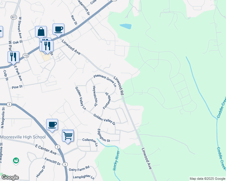 map of restaurants, bars, coffee shops, grocery stores, and more near 113 Pleasant Grove Lane in Mooresville
