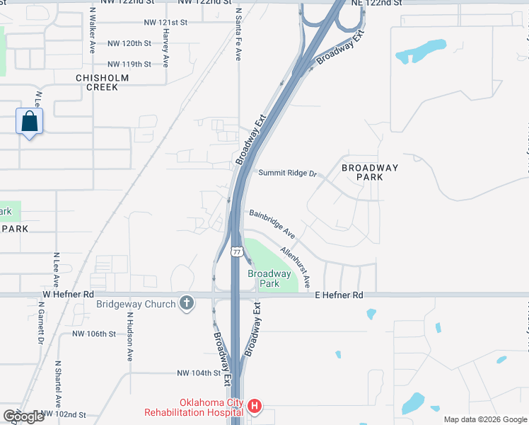 map of restaurants, bars, coffee shops, grocery stores, and more near 21 Bainbridge Avenue in Oklahoma City