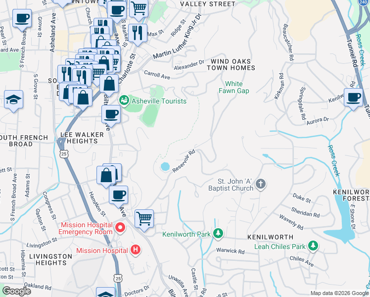 map of restaurants, bars, coffee shops, grocery stores, and more near 405 Windswept Drive in Asheville