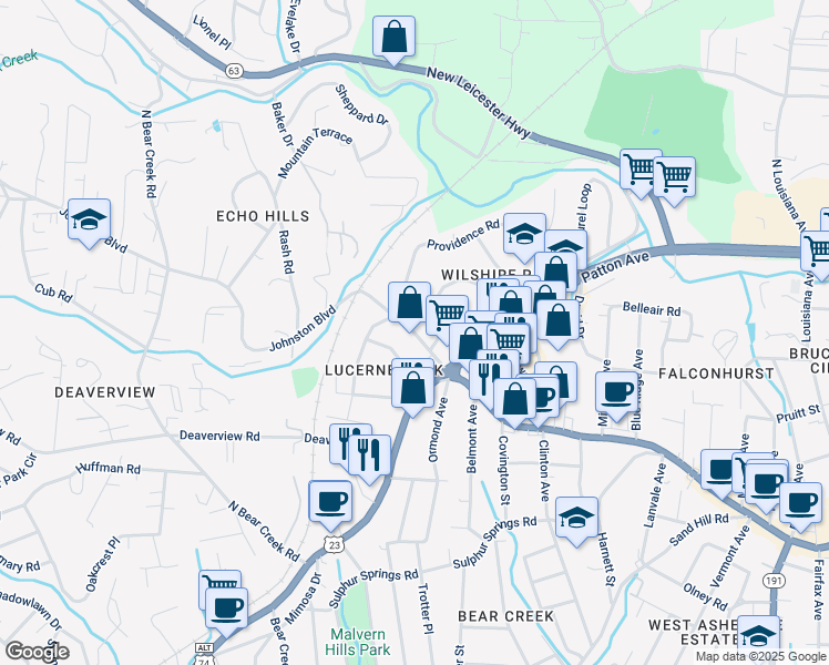map of restaurants, bars, coffee shops, grocery stores, and more near 74 Johnston Boulevard in Asheville