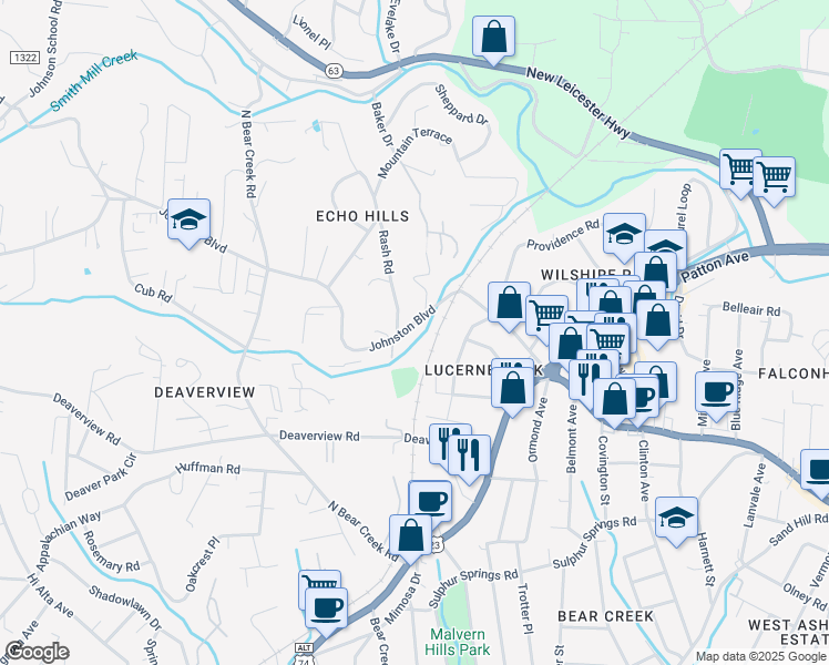map of restaurants, bars, coffee shops, grocery stores, and more near 99999 Johnston Boulevard in Asheville