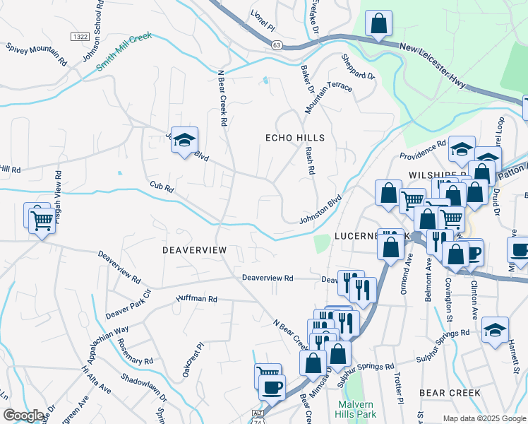 map of restaurants, bars, coffee shops, grocery stores, and more near 19 Scottsdale Drive in Asheville