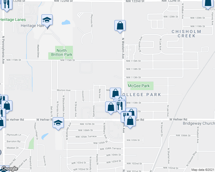map of restaurants, bars, coffee shops, grocery stores, and more near 1201 Northwest 112th Street in Oklahoma City