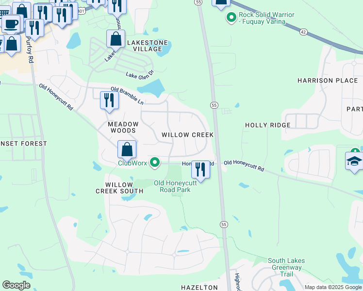 map of restaurants, bars, coffee shops, grocery stores, and more near 213 Purple Leaf Road in Fuquay-Varina