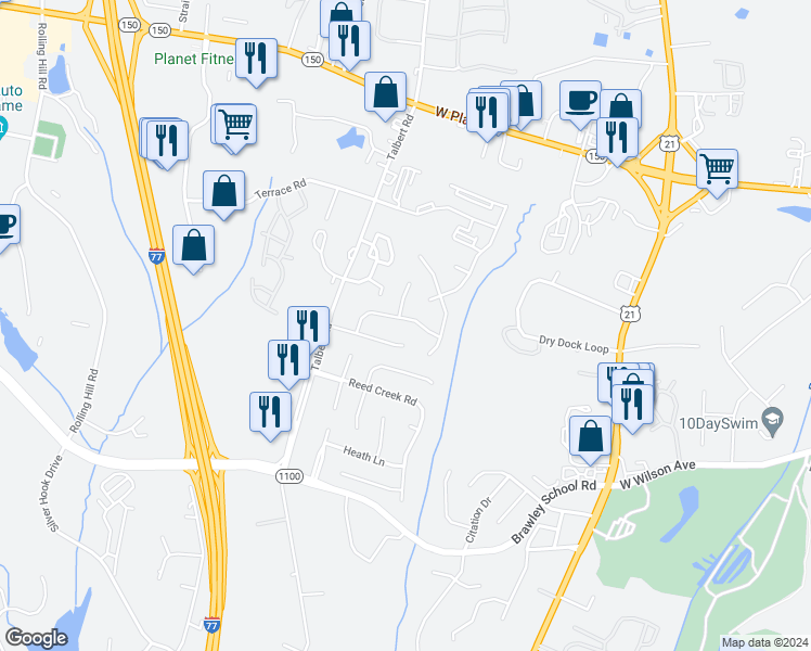 map of restaurants, bars, coffee shops, grocery stores, and more near 138 Red Tip Lane in Mooresville