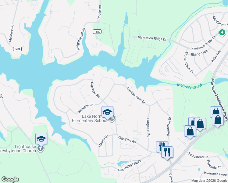 map of restaurants, bars, coffee shops, grocery stores, and more near 150 Castles Gate Drive in Mooresville