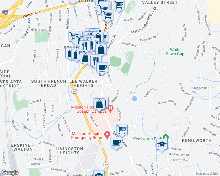 map of restaurants, bars, coffee shops, grocery stores, and more near 23 White Fawn Drive in Asheville