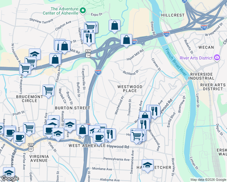 map of restaurants, bars, coffee shops, grocery stores, and more near 38 Branning Street in Asheville
