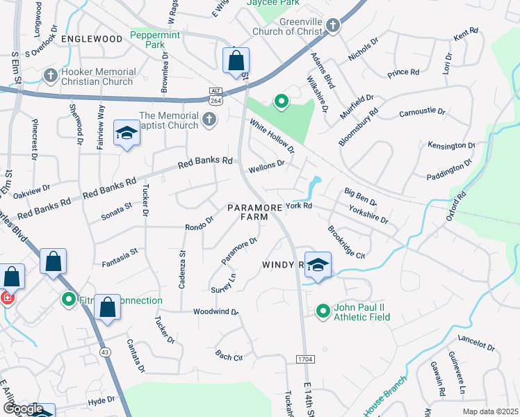 map of restaurants, bars, coffee shops, grocery stores, and more near 1709 Paramore Drive in Greenville