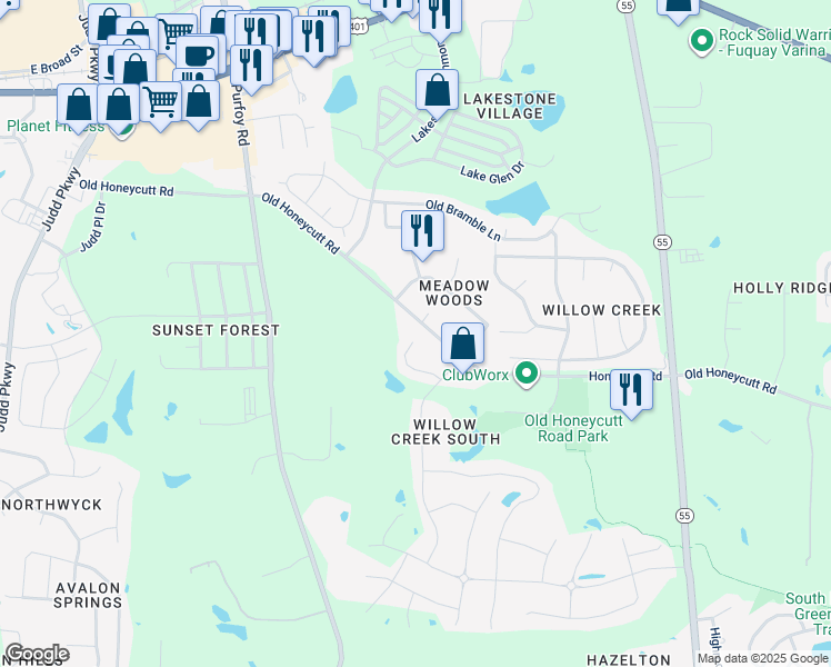 map of restaurants, bars, coffee shops, grocery stores, and more near 1600 Southcross Street in Fuquay-Varina