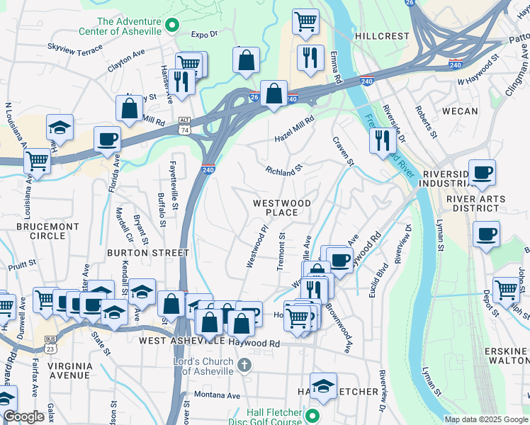 map of restaurants, bars, coffee shops, grocery stores, and more near 84 Millbrook Road in Asheville