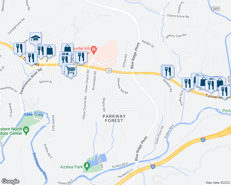 map of restaurants, bars, coffee shops, grocery stores, and more near 22 Pleasant Ridge Drive in Asheville