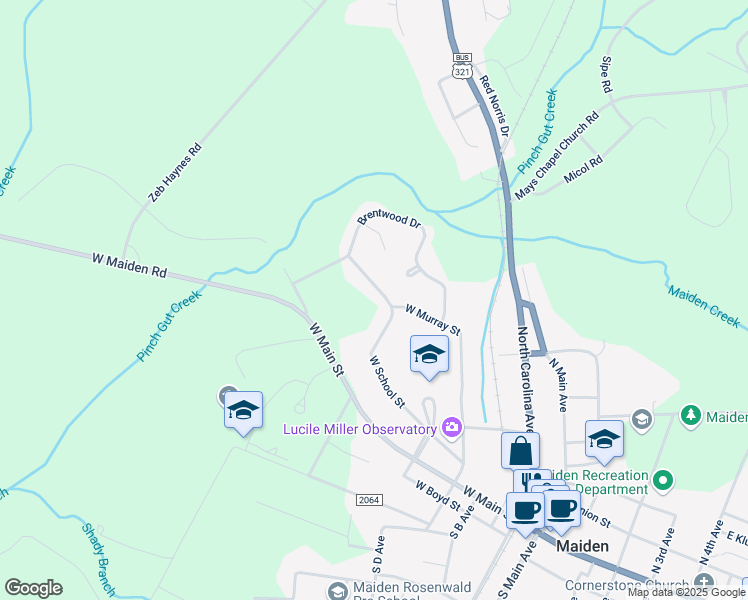 map of restaurants, bars, coffee shops, grocery stores, and more near 704 West School Street in Maiden