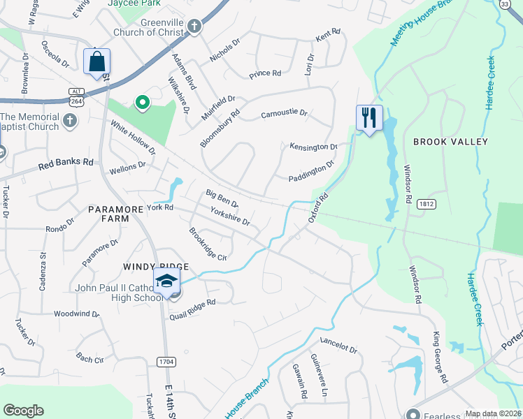 map of restaurants, bars, coffee shops, grocery stores, and more near 2100 King Lear Ct in Greenville