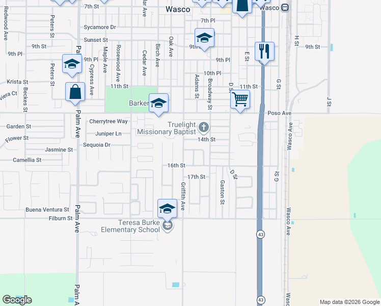 map of restaurants, bars, coffee shops, grocery stores, and more near 1509 Pine Street in Wasco