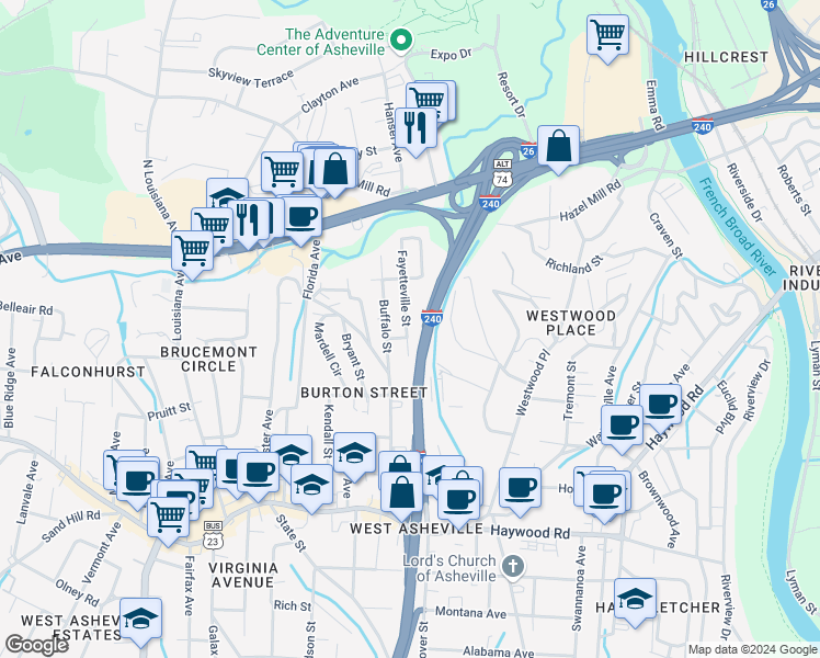 map of restaurants, bars, coffee shops, grocery stores, and more near 167 Fayetteville Street in Asheville
