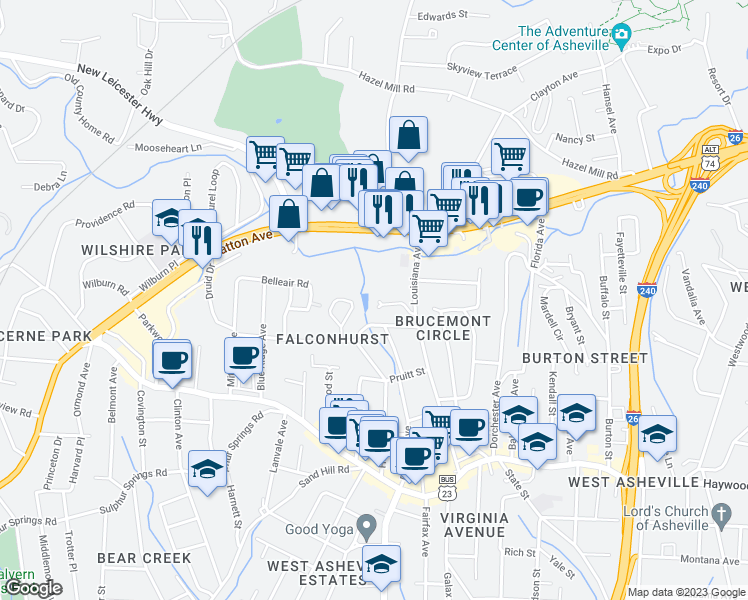 map of restaurants, bars, coffee shops, grocery stores, and more near 45 Mauricet Lane in Asheville