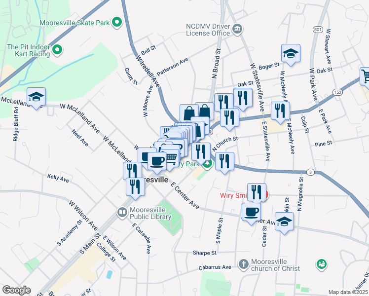 map of restaurants, bars, coffee shops, grocery stores, and more near 240 North Main Street in Mooresville