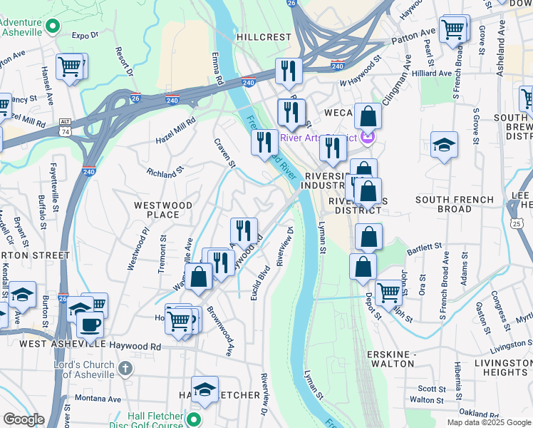 map of restaurants, bars, coffee shops, grocery stores, and more near 72 Logan Circle in Asheville
