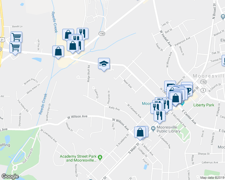 map of restaurants, bars, coffee shops, grocery stores, and more near 315 Alexander Street in Mooresville