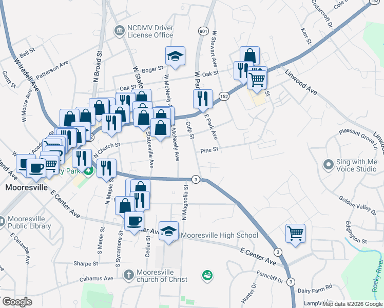 map of restaurants, bars, coffee shops, grocery stores, and more near 233 Culp Street in Mooresville
