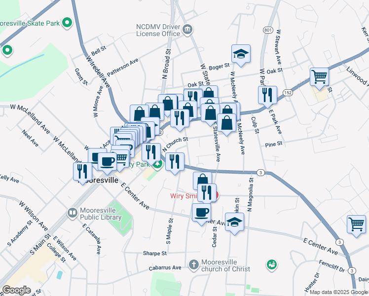 map of restaurants, bars, coffee shops, grocery stores, and more near 213 Institute Avenue in Mooresville
