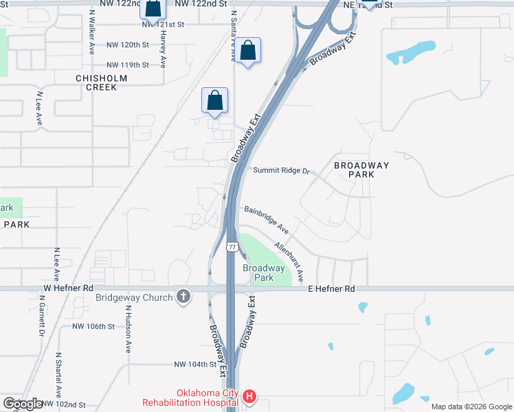 map of restaurants, bars, coffee shops, grocery stores, and more near 21 Bainbridge Avenue in Oklahoma City