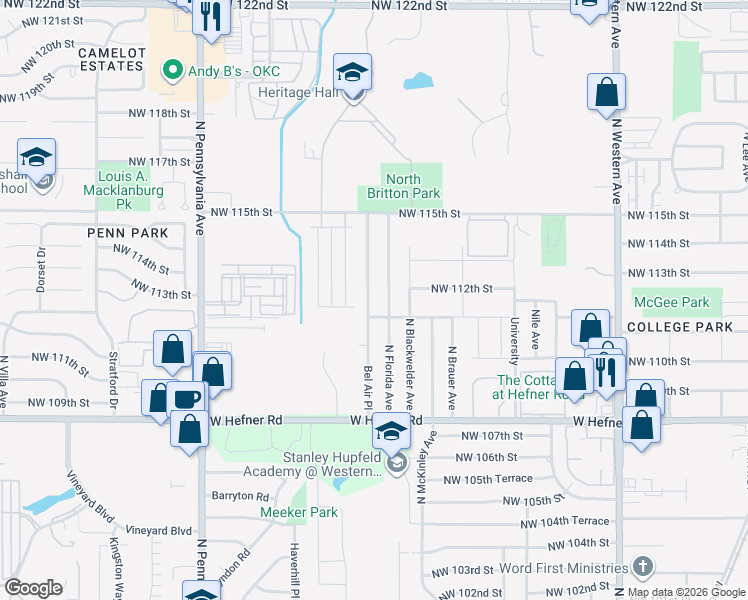 map of restaurants, bars, coffee shops, grocery stores, and more near 11312 Bel Air Place in Oklahoma City