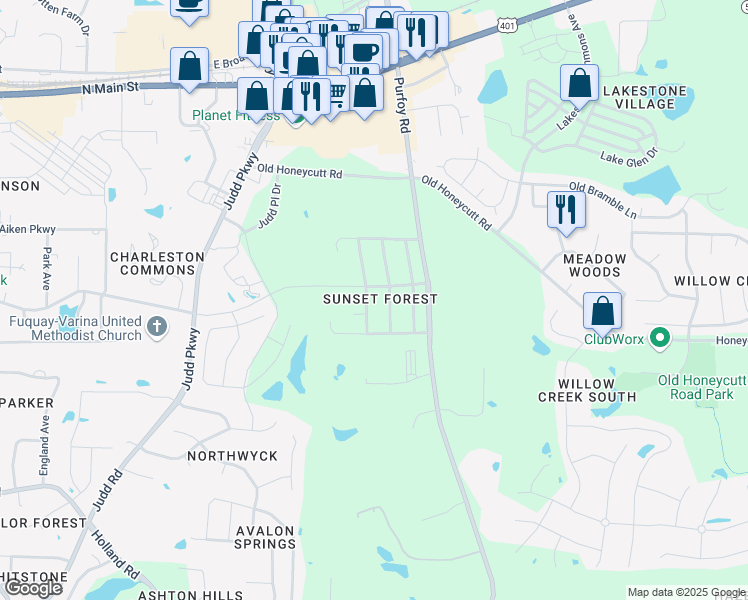 map of restaurants, bars, coffee shops, grocery stores, and more near 105 South Lintel Drive in Fuquay Varina