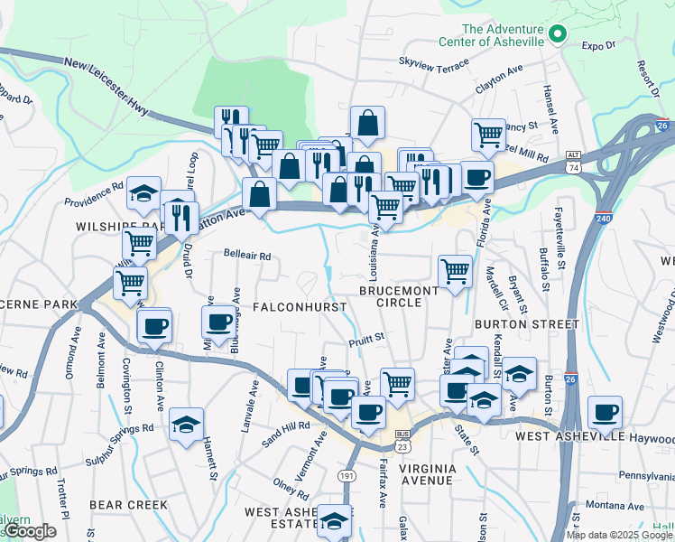 map of restaurants, bars, coffee shops, grocery stores, and more near 180 Louisiana Avenue in Asheville