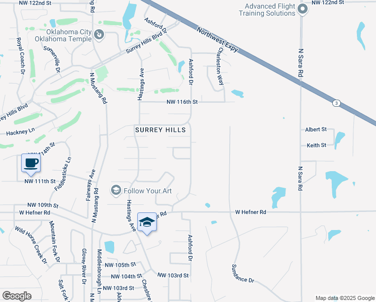 map of restaurants, bars, coffee shops, grocery stores, and more near 11000 Northwest 113th Street in Yukon