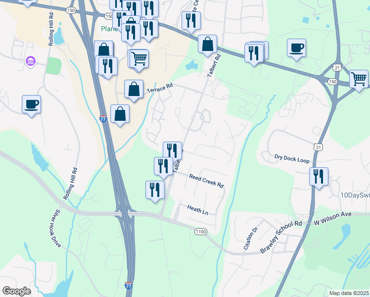 map of restaurants, bars, coffee shops, grocery stores, and more near 103 Meadow Pond Lane in Mooresville