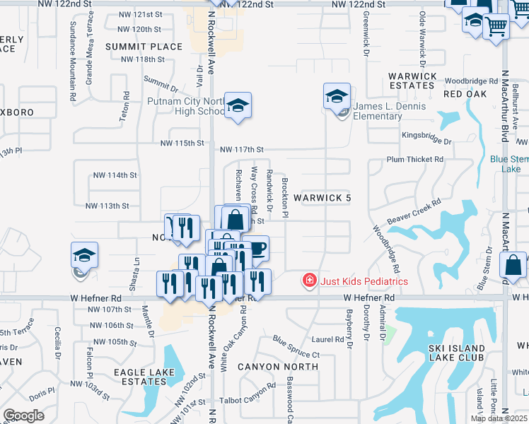 map of restaurants, bars, coffee shops, grocery stores, and more near 11309 Randwick Drive in Oklahoma City