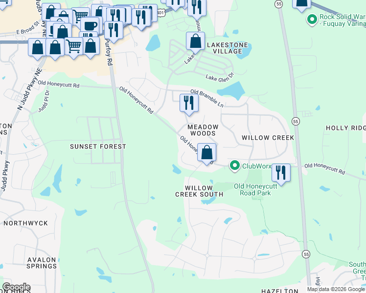 map of restaurants, bars, coffee shops, grocery stores, and more near 1600 Southcross Street in Fuquay-Varina