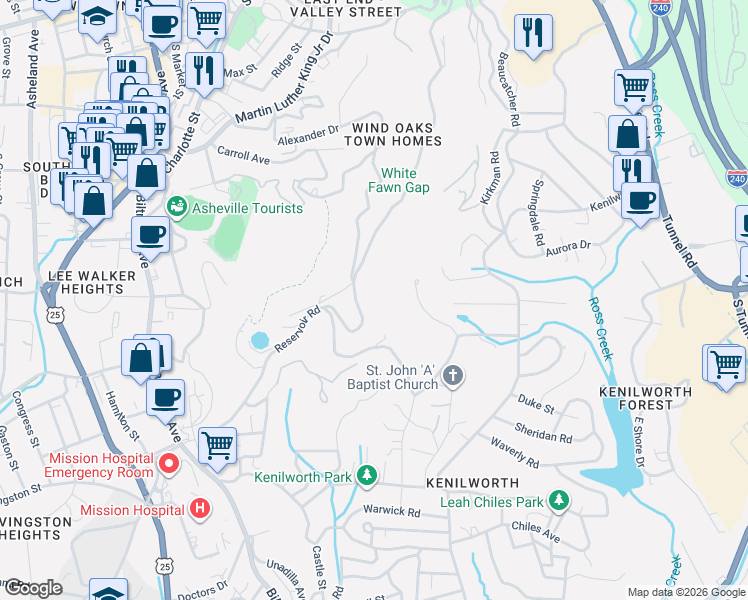 map of restaurants, bars, coffee shops, grocery stores, and more near 421 Reservoir Road in Asheville
