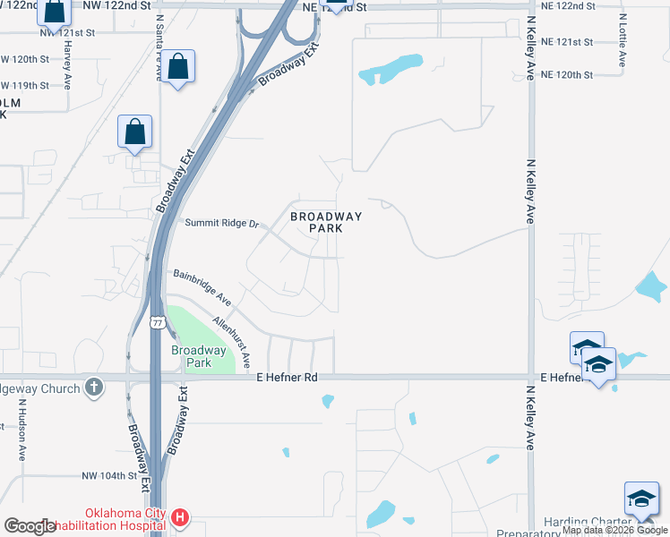 map of restaurants, bars, coffee shops, grocery stores, and more near 437 Summit Ridge Drive in Oklahoma City