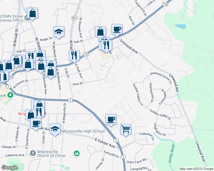 map of restaurants, bars, coffee shops, grocery stores, and more near 940 Central Avenue in Mooresville