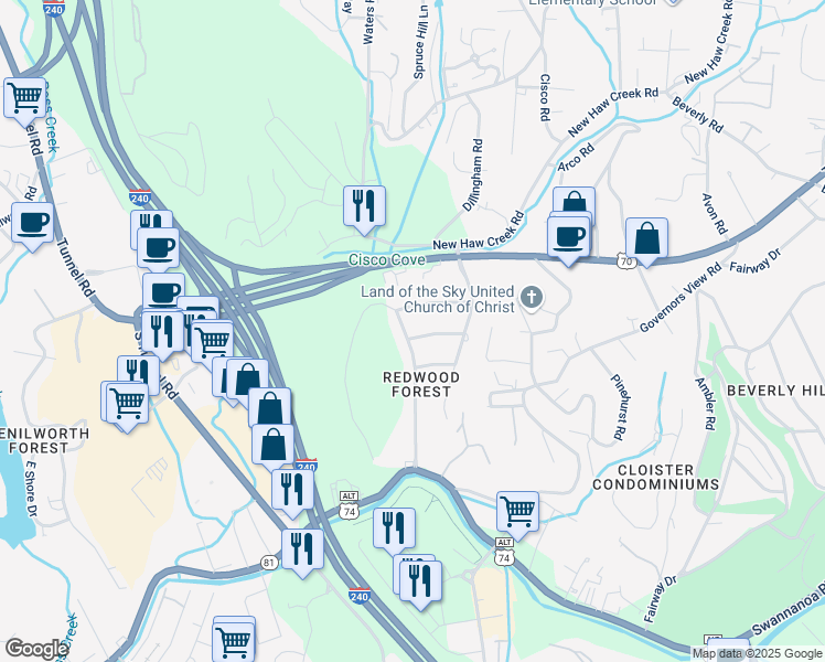 map of restaurants, bars, coffee shops, grocery stores, and more near 9 Oak Ridge Road in Asheville