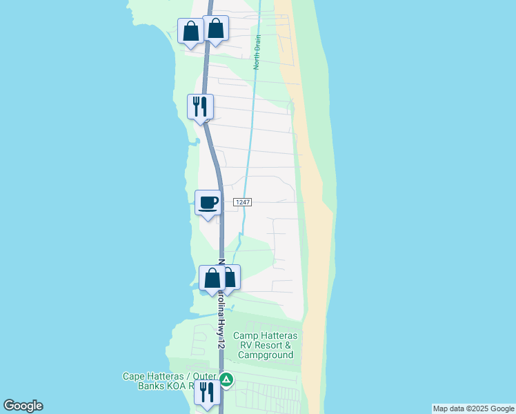 map of restaurants, bars, coffee shops, grocery stores, and more near 24226 Atlantic Drive in Dare County