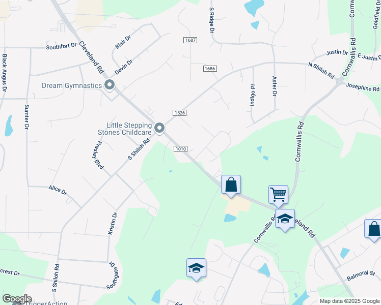 map of restaurants, bars, coffee shops, grocery stores, and more near 10778 Cleveland Road in Garner