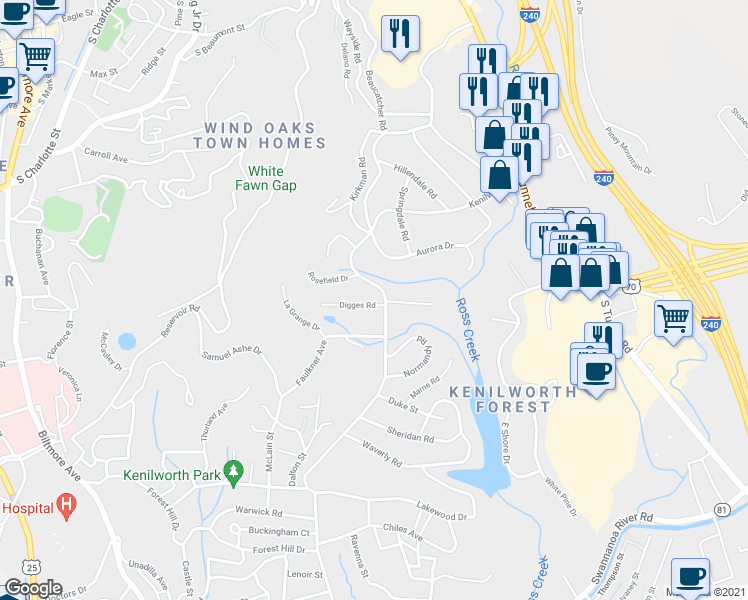 map of restaurants, bars, coffee shops, grocery stores, and more near 386 Kenilworth Rd in Asheville